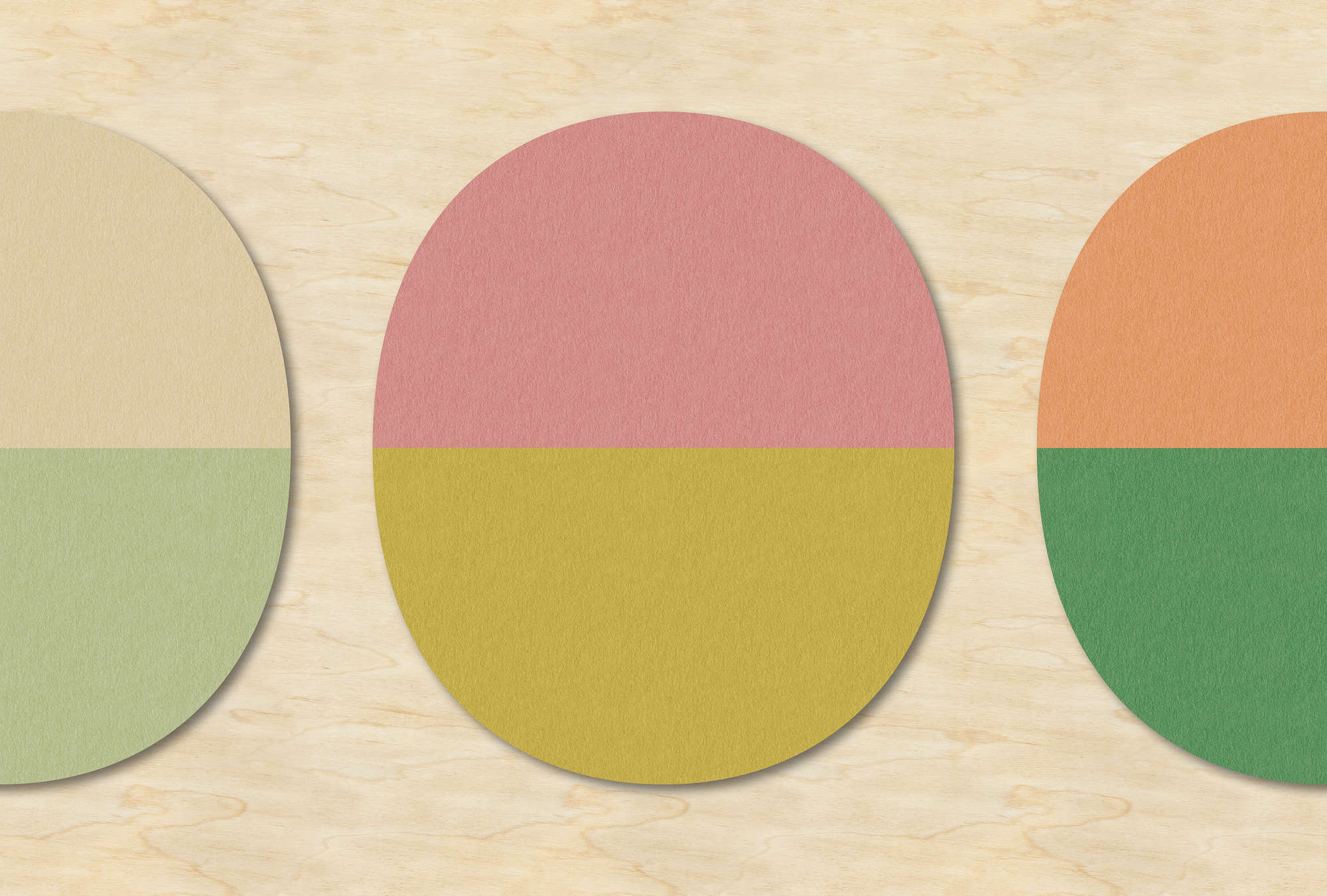             Split ovals 2 - Retro behang in multiplex, viltstructuur met kleurrijke ovalen - Beige, Groen | Mat glad vlies
        