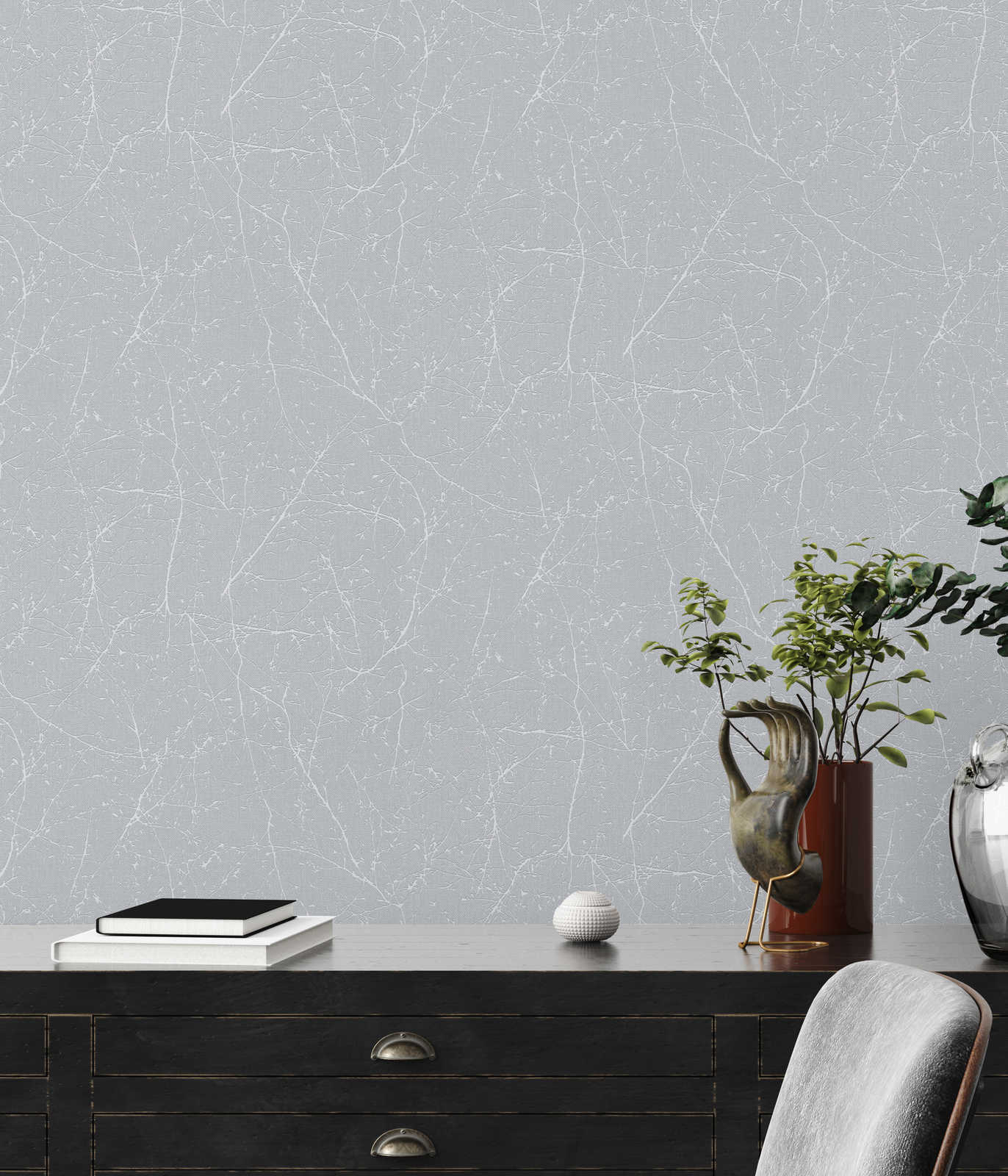             Non-woven wallpaper with branch pattern and light structure - light grey, white
        