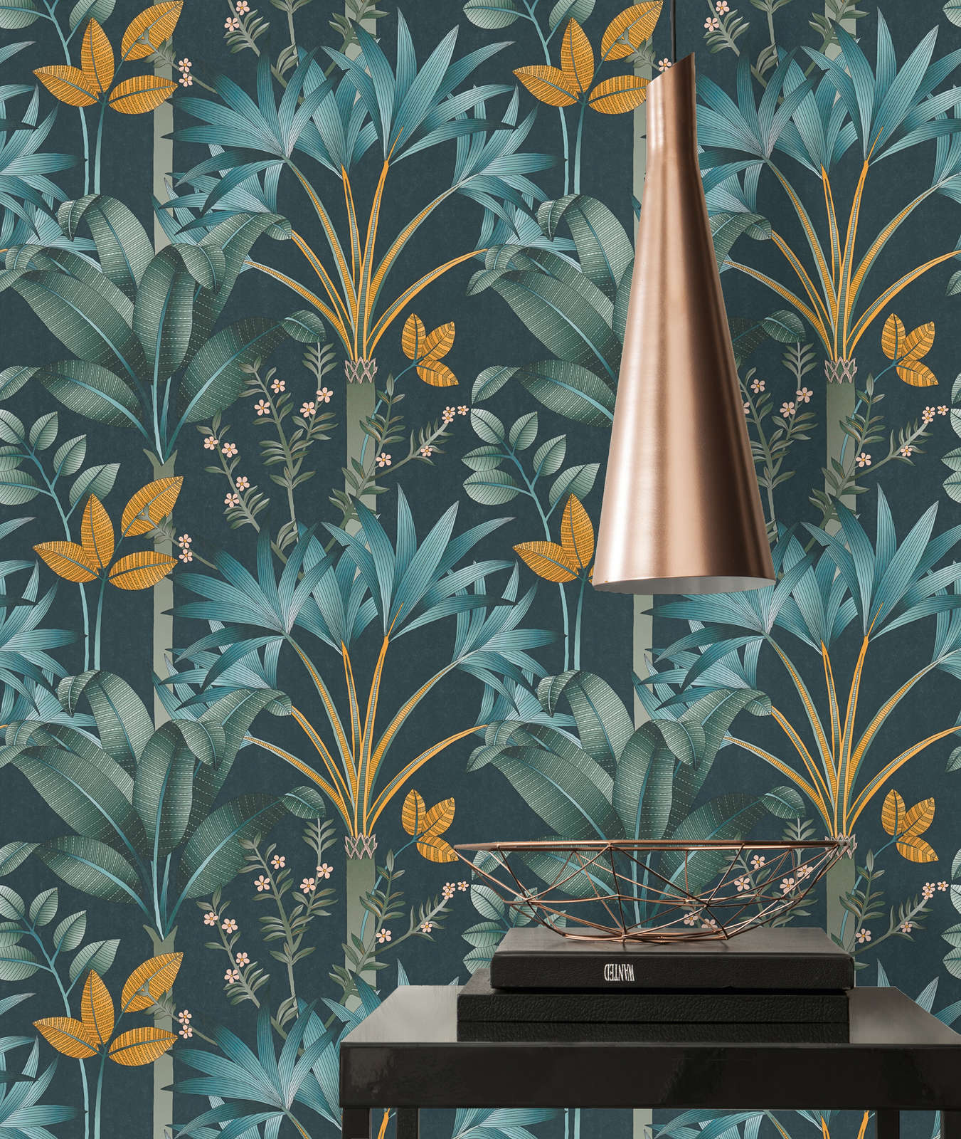             Floral non-woven wallpaper with leaf pattern - multicoloured, petrol, green
        