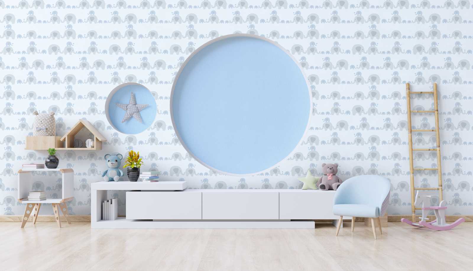             Nursery wallpaper boy elephants - blue, grey, white
        