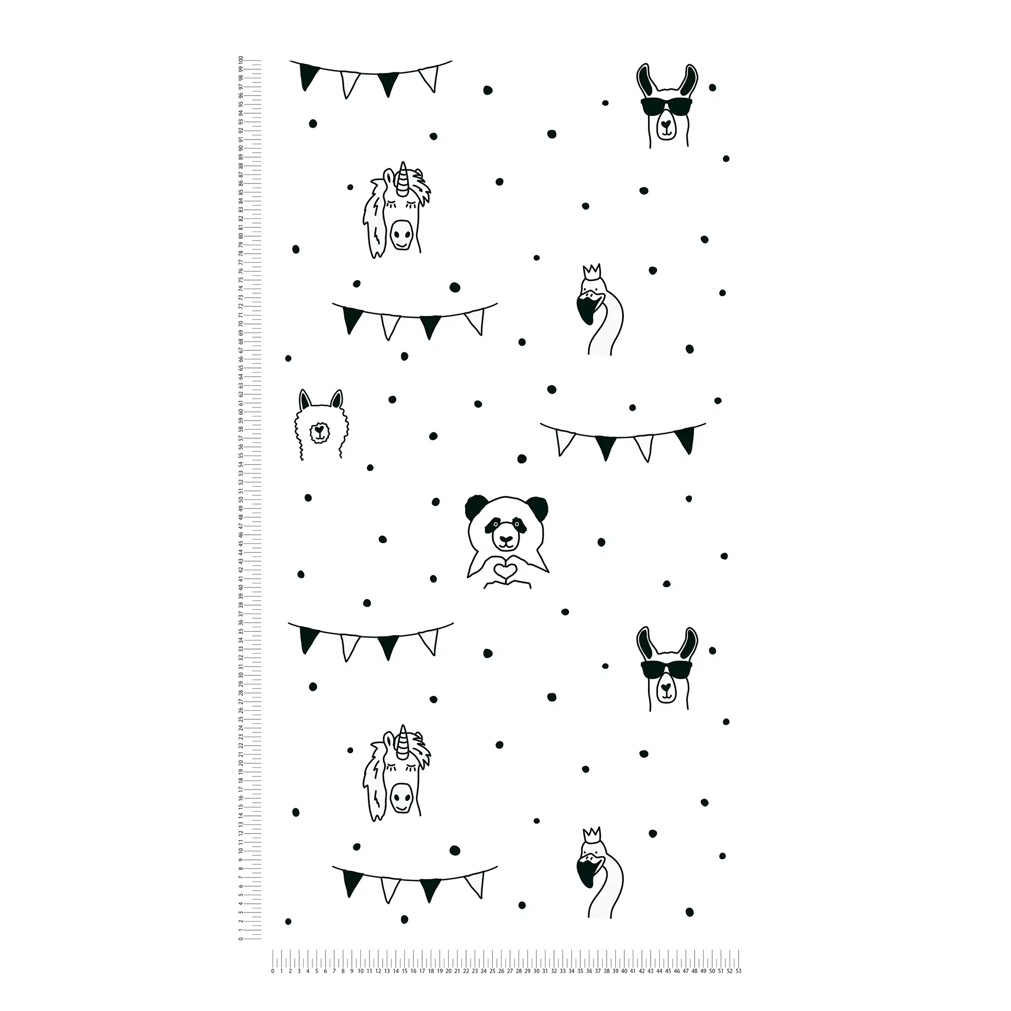             Black and white children wallpaper with animal & dots pattern
        