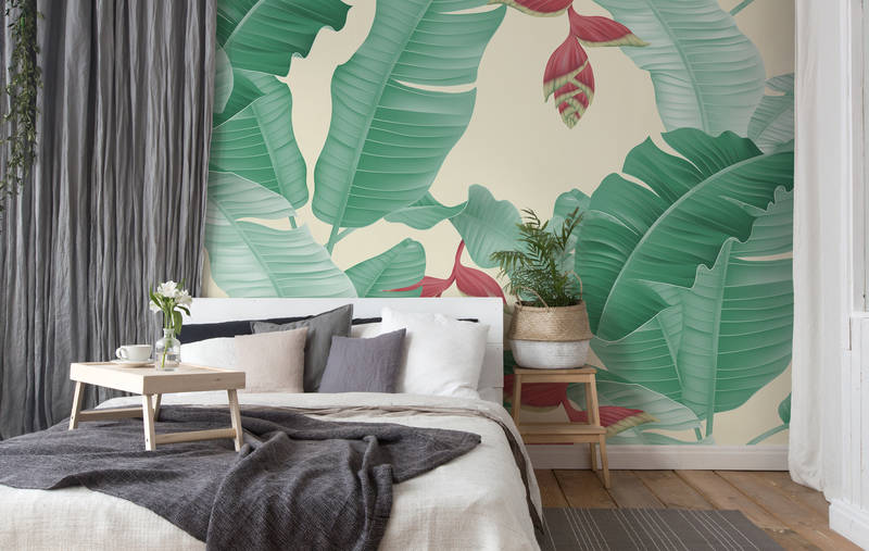             Palm leaves graphic style mural - Green, Yellow
        