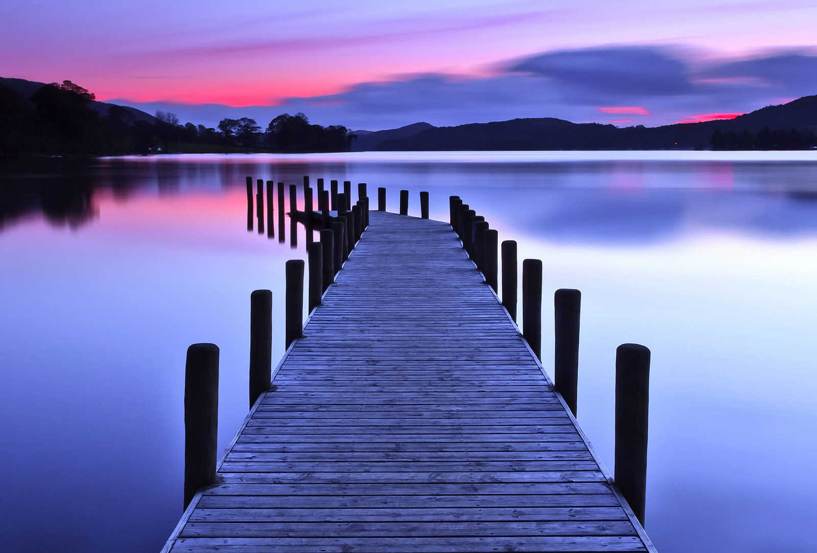 Photo wallpaper sunset on the lake with bridge
