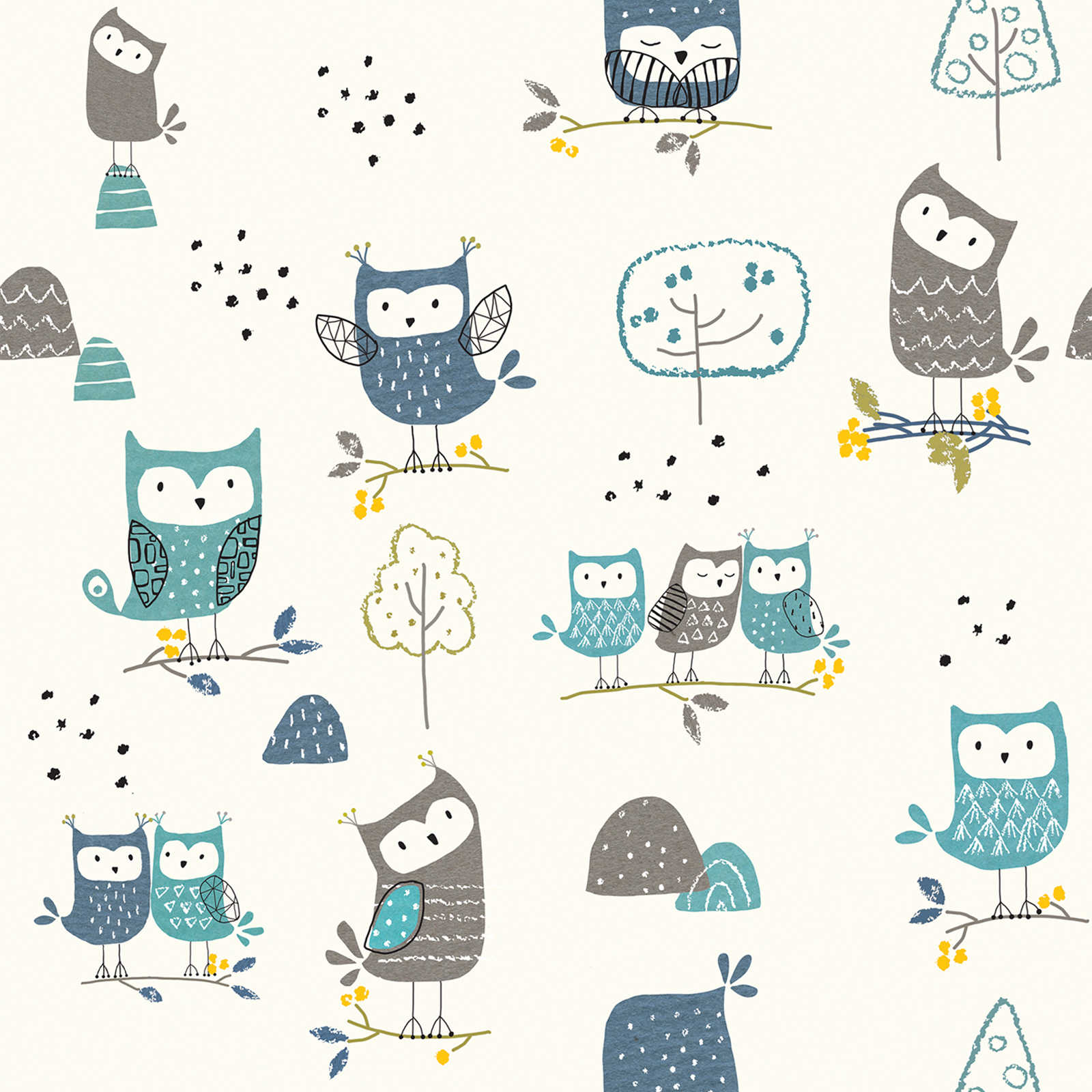 Kids non-woven wallpaper with owls and trees - colourful, cream, blue
