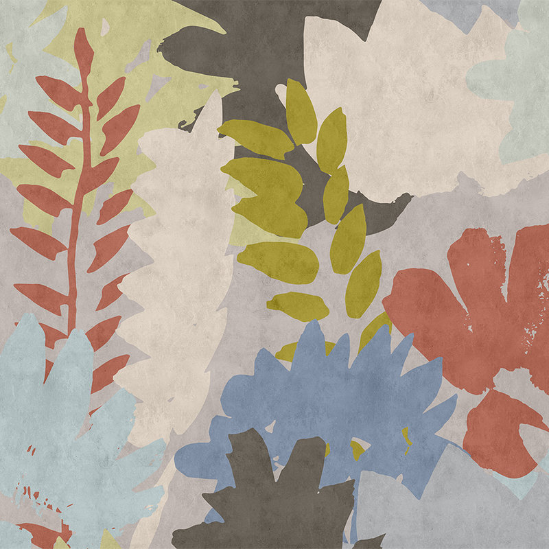 Collage Floral 3 - Papel pintado abstracto en estructura de papel secante con motivo de hojas - Azul, Crema | Perla liso no tejido
