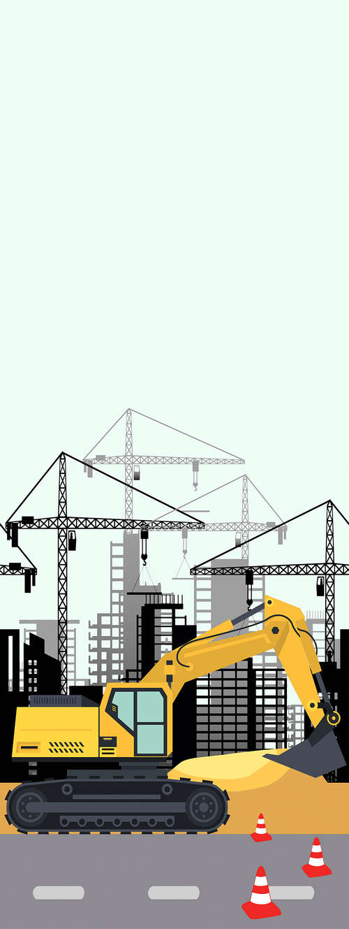             City mural construction site with excavator and cranes on structural non-woven fabric
        