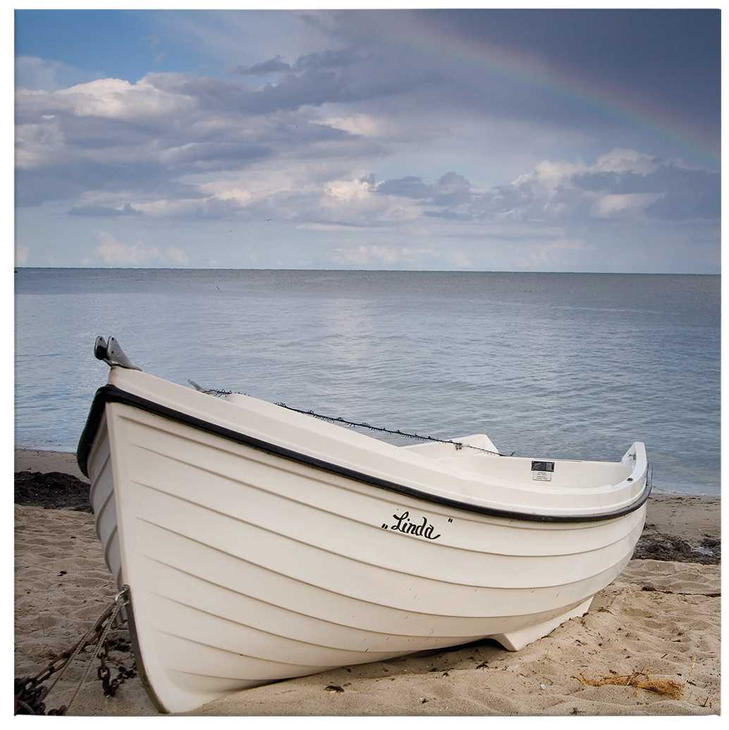             Square canvas picture boat on the beach – blue
        