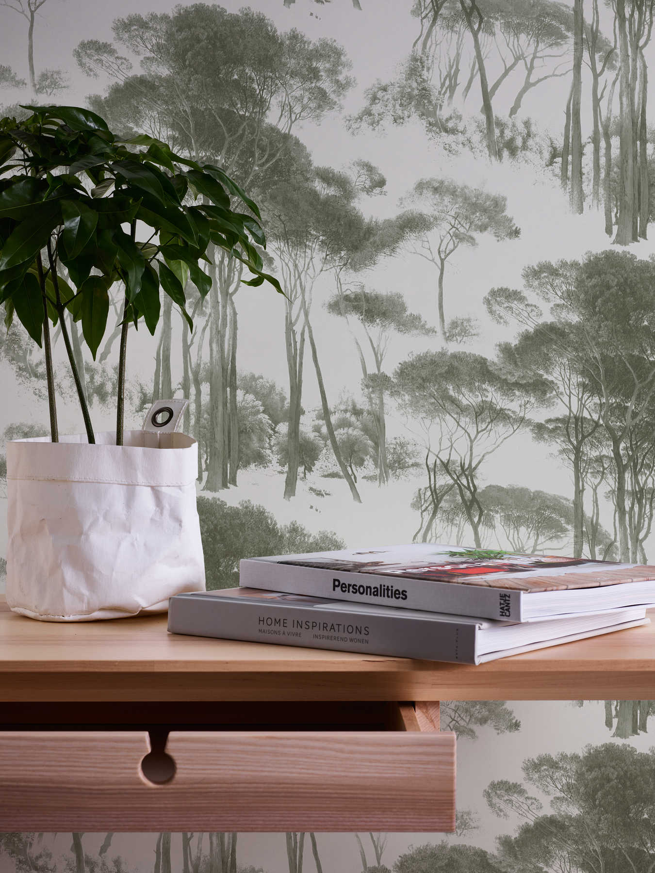             Wallpaper stylized forest landscape - green, white
        