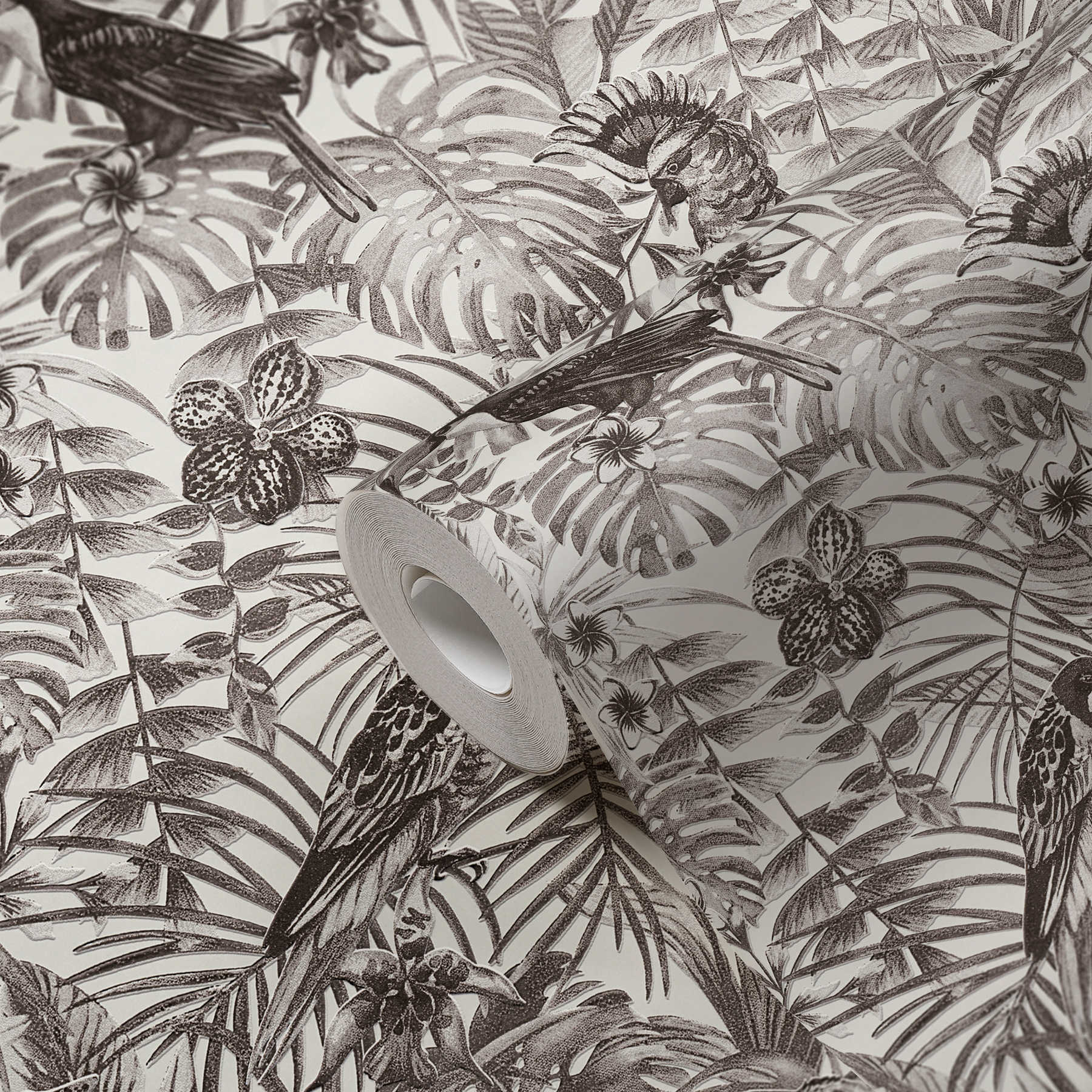             Papel pintado exótico pájaros, flores y hojas tropicales - negro, blanco, gris
        