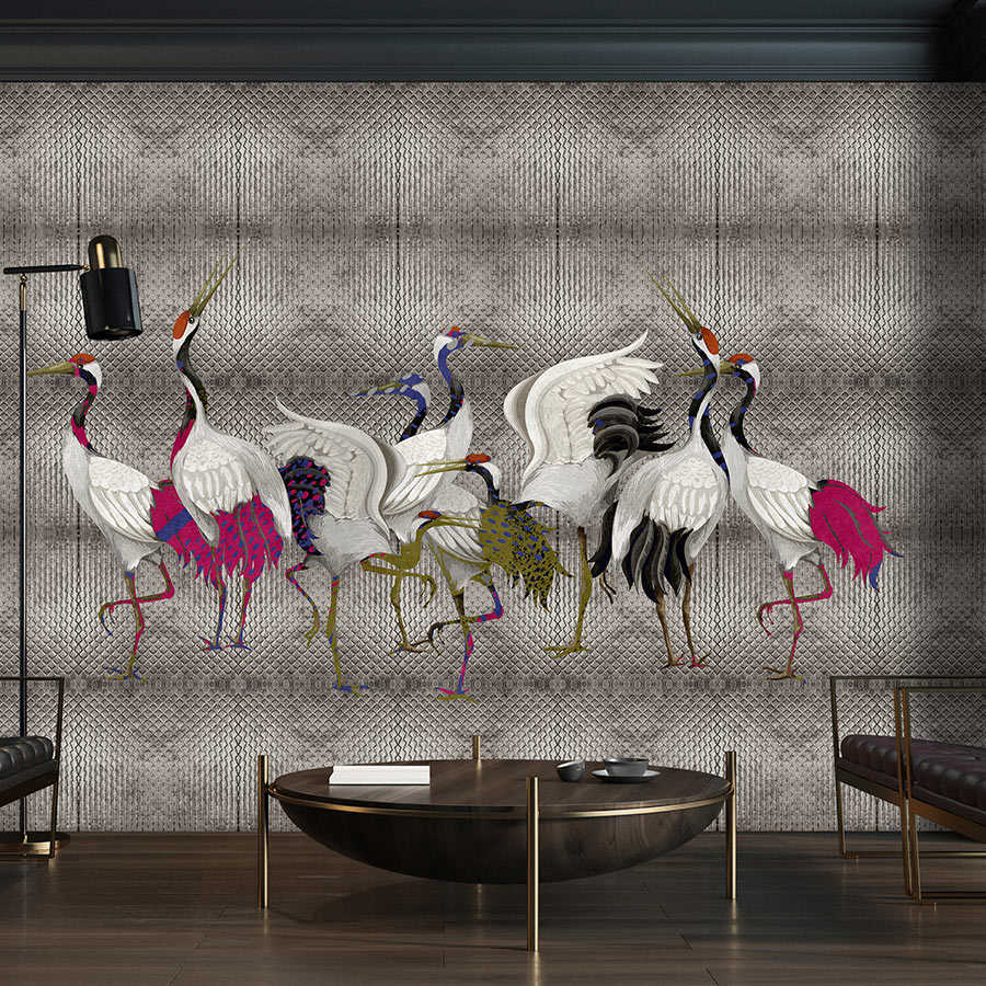 Land of Happiness 3 - Metallic wall mural silver with colourful crane motif
