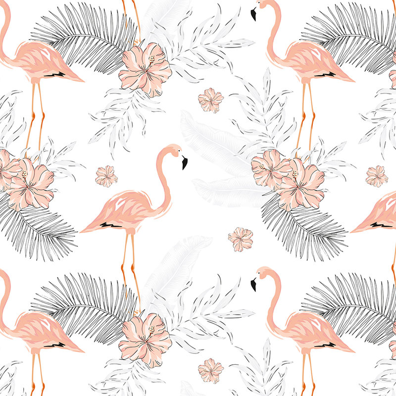         Flamingos & Tropical Plants Wallpaper - White, Pink, Grey
    