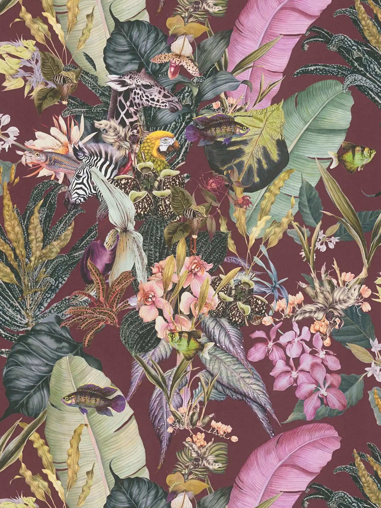 Jungle wallpaper flowers & animals - green, dark red
