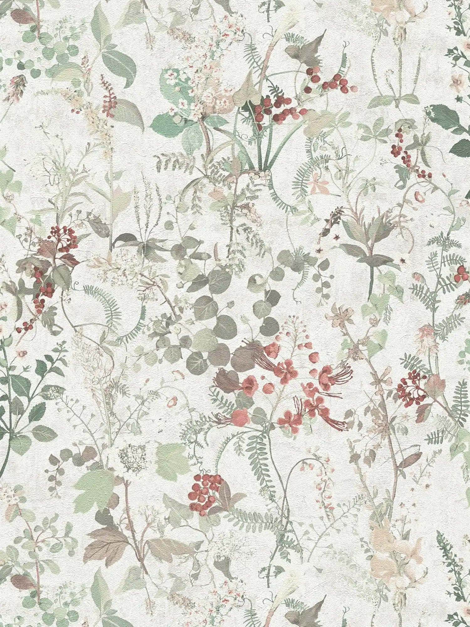 Wallpaper flowers & berries in country style - cream, red
