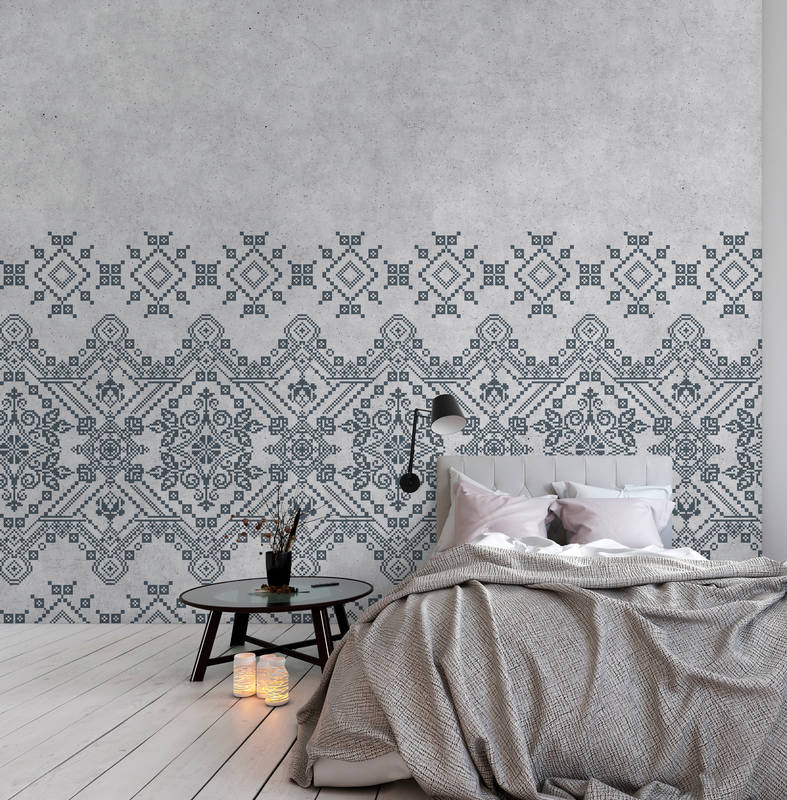             Nordic look embroidery pattern mural - grey, blue
        