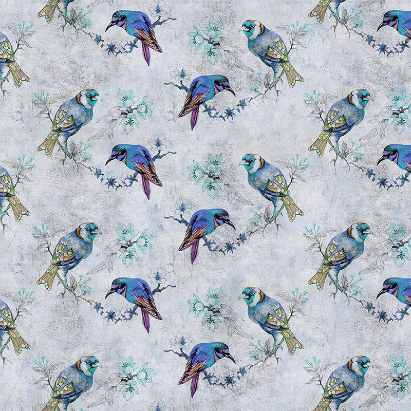 Love birds 1 - Photo wallpaper bird pattern in drawing style in scratchy texture - Blue, Grey | Matt smooth fleece
