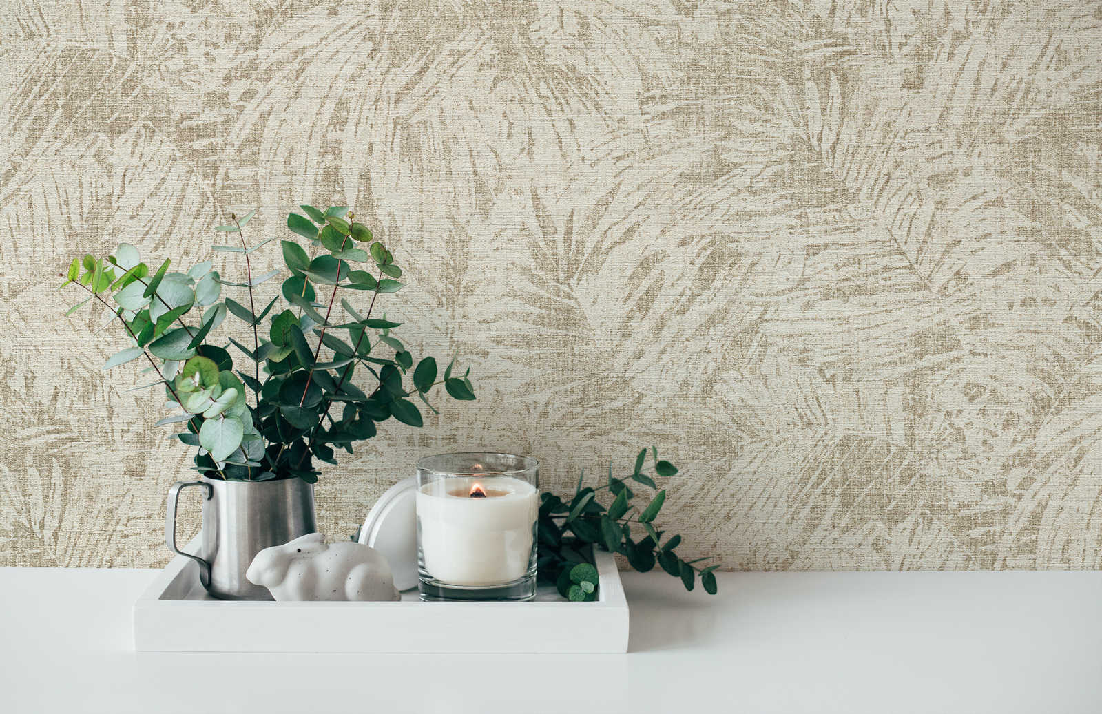             Wallpaper leaves pattern & linen effect in colonial style - Brown, Beige
        