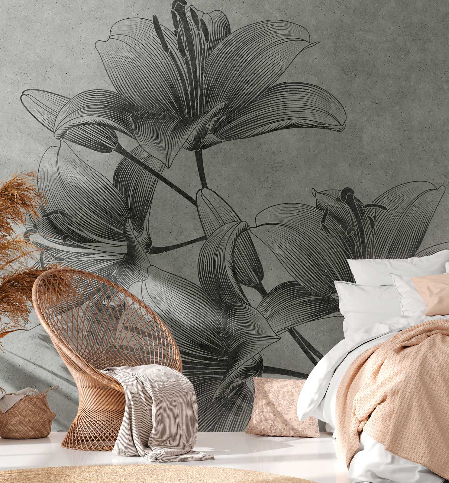             Behang nieuwigheid | grijs bloemenbehang lelies in line art stijl
        