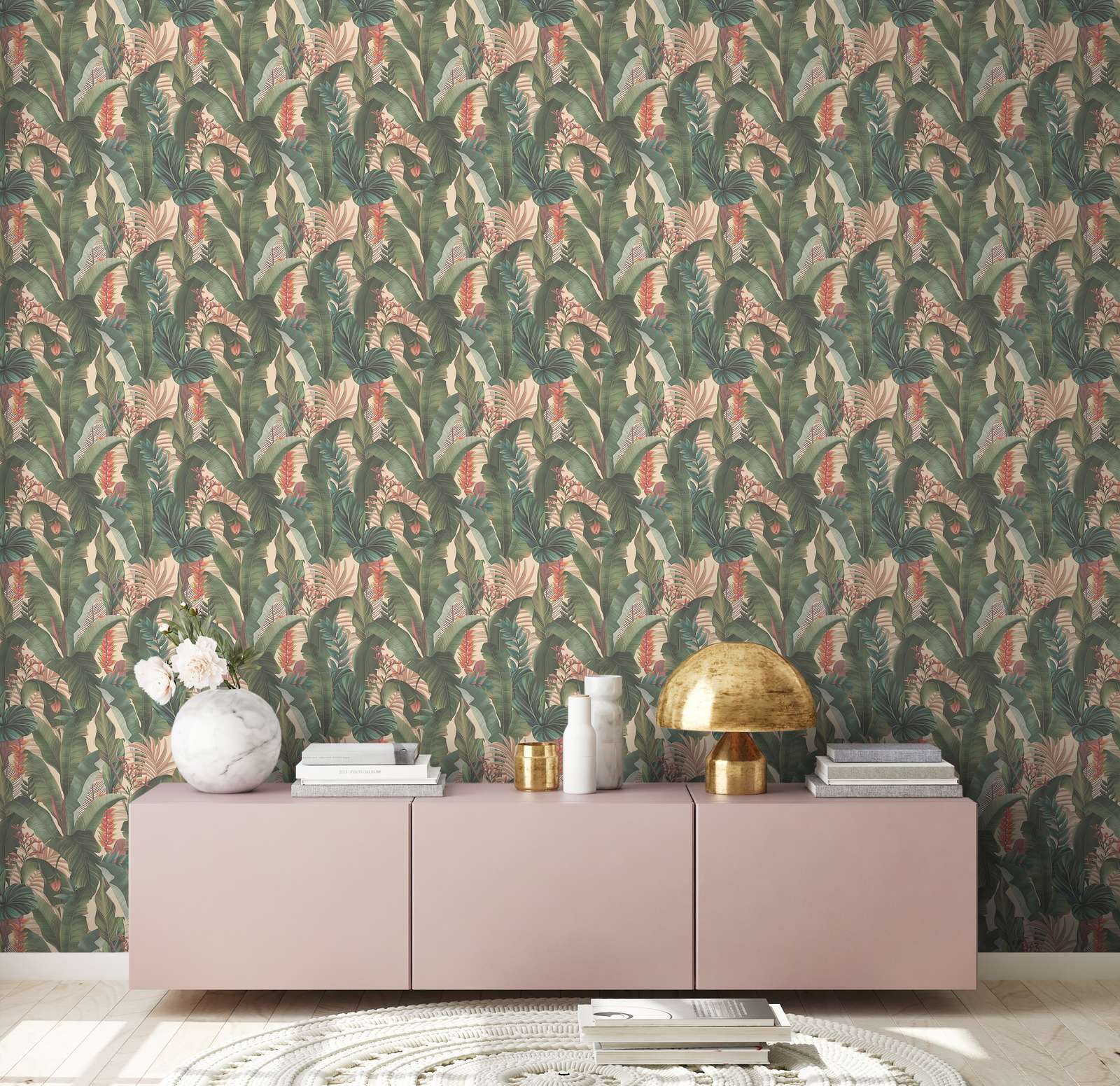             Jungle wallpaper with palm leaves & flowers in floral style textured matt - Beige, Green, Pink
        