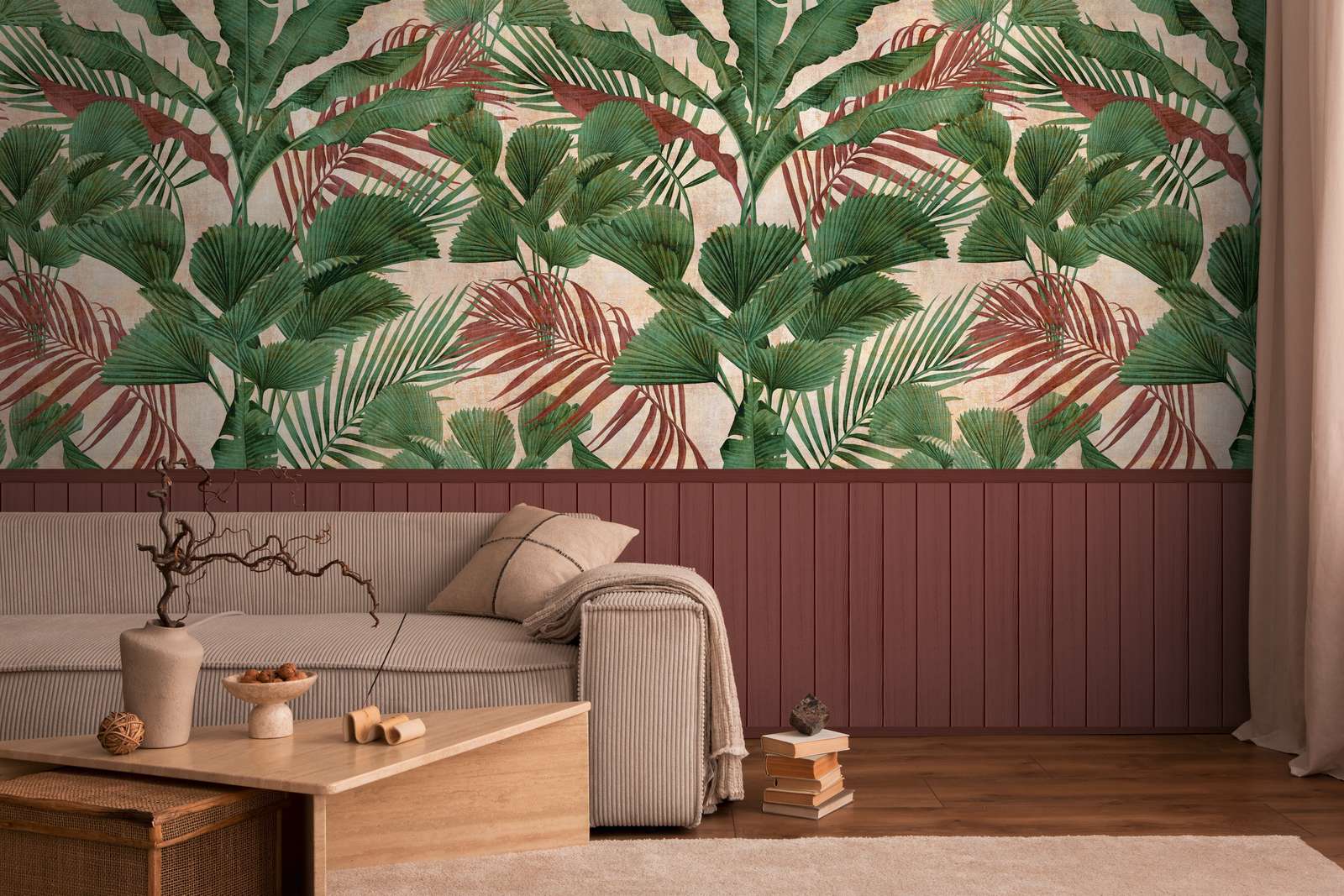             Non-woven motif wallpaper with wood-effect plinth border and jungle pattern - red, green, beige
        