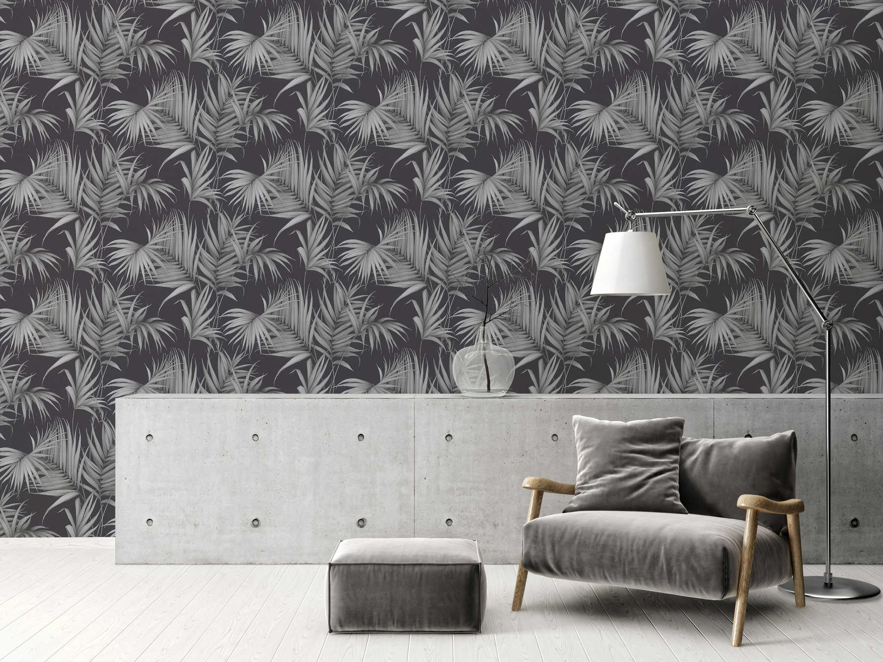             Tropisch behang met varenbladeren - grijs, zwart
        