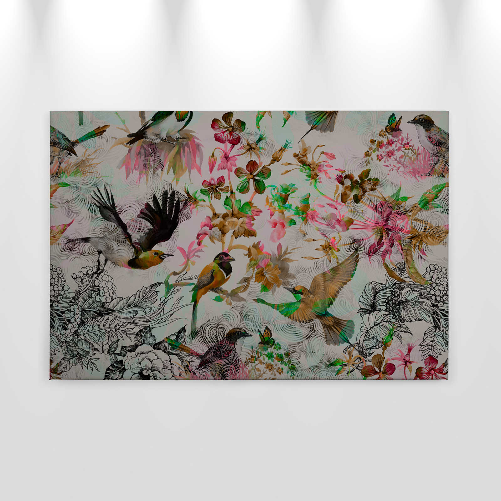             Lienzo Pájaros y Flores Estilo Collage - 0,90 m x 0,60 m
        