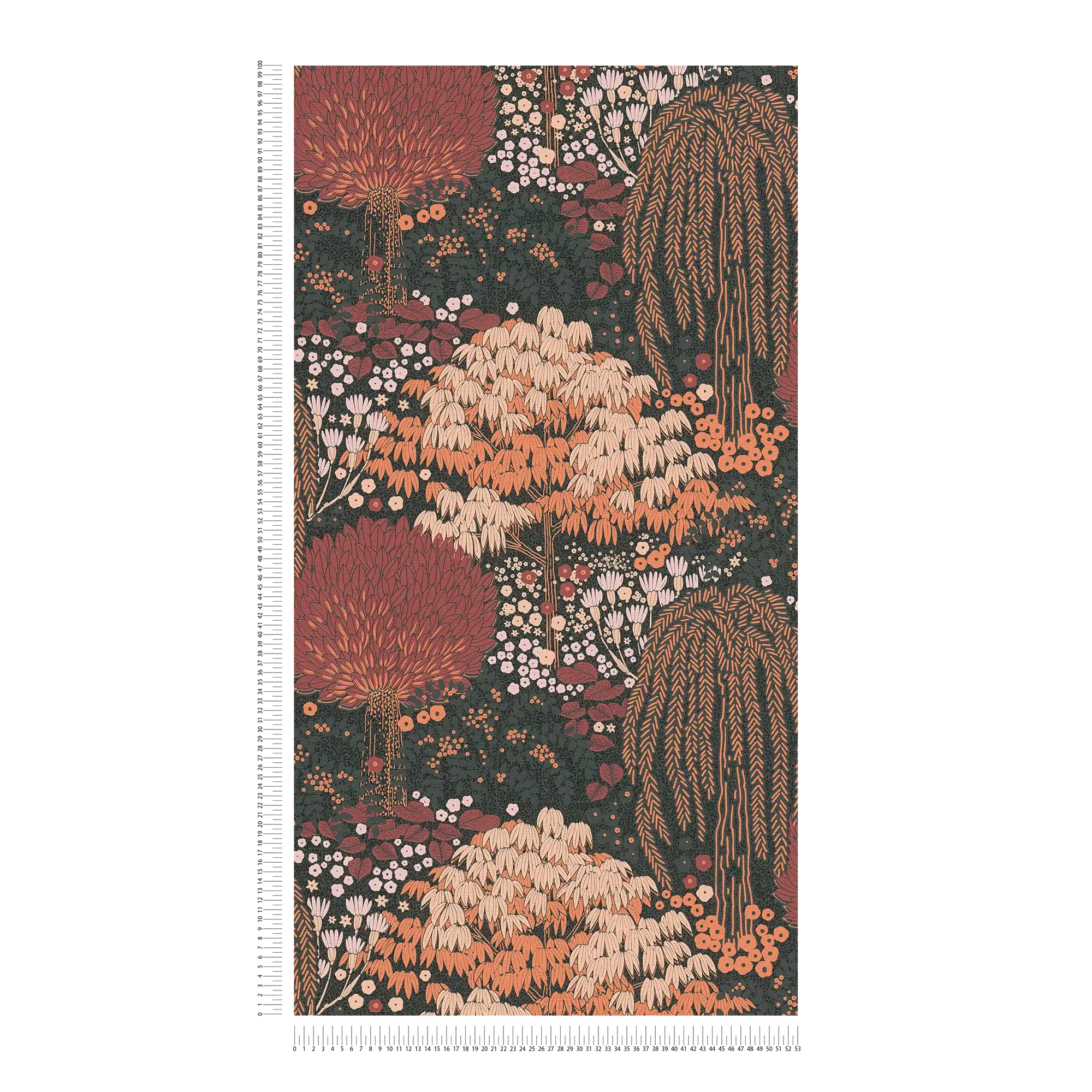             papier peint en papier intissé floral avec feuilles légèrement structuré, mat - noir, rouge, rose
        