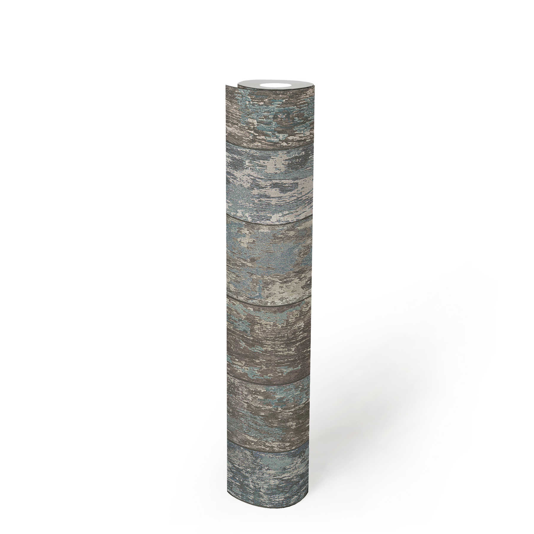             Wood effect non-woven wallpaper in shabby chic used look - blue, brown, grey
        
