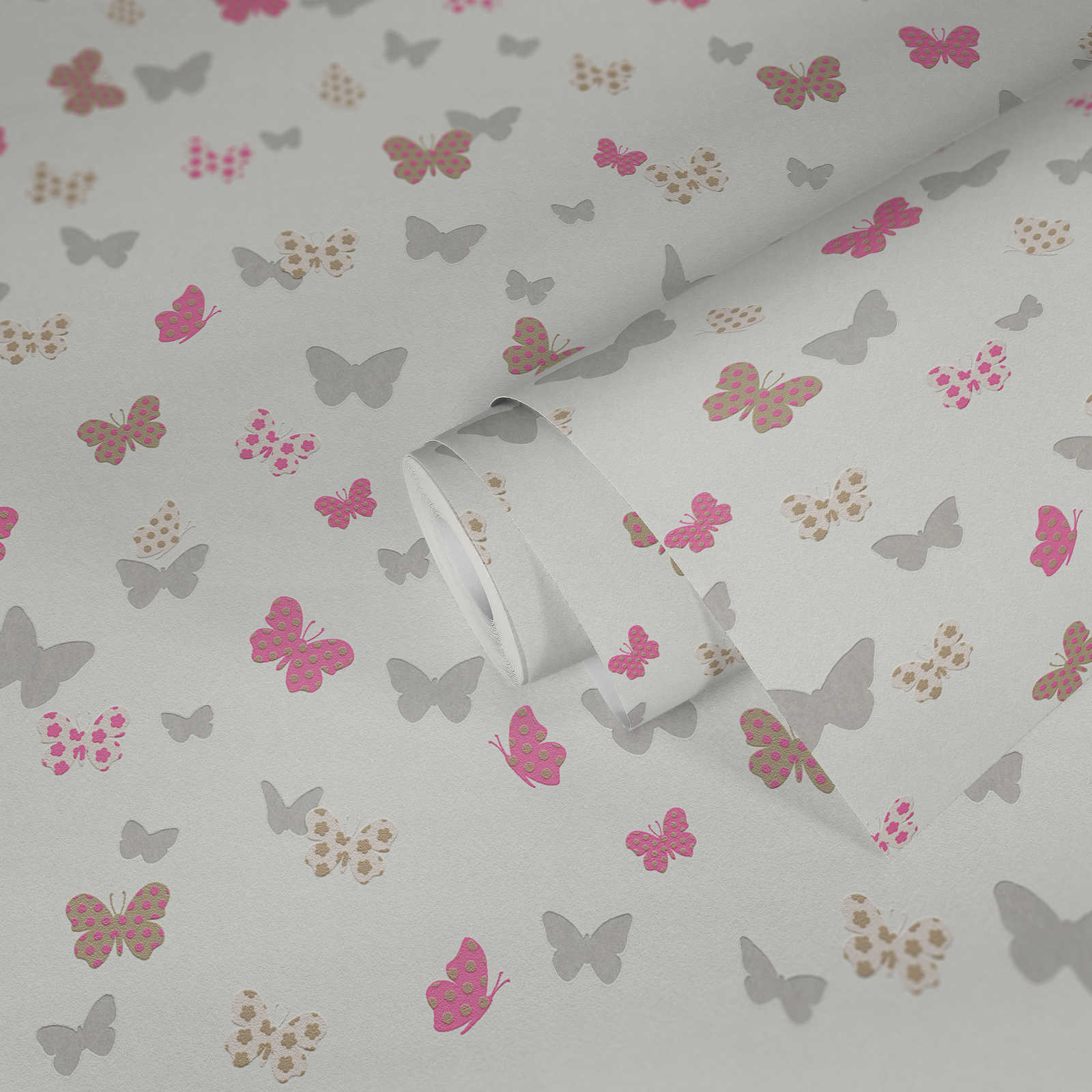             Carta da parati per bambine con farfalle e colori metallizzati - Bianco, rosa
        
