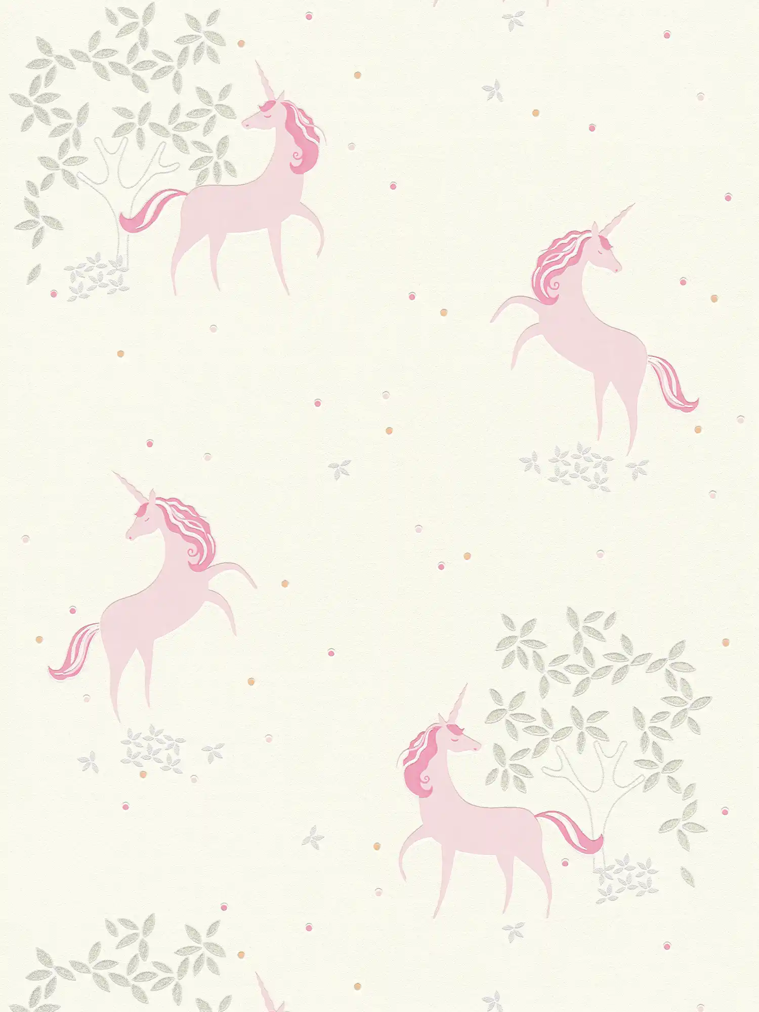 Unicorn non-woven wallpaper with dots & silver glitter - pink, grey
