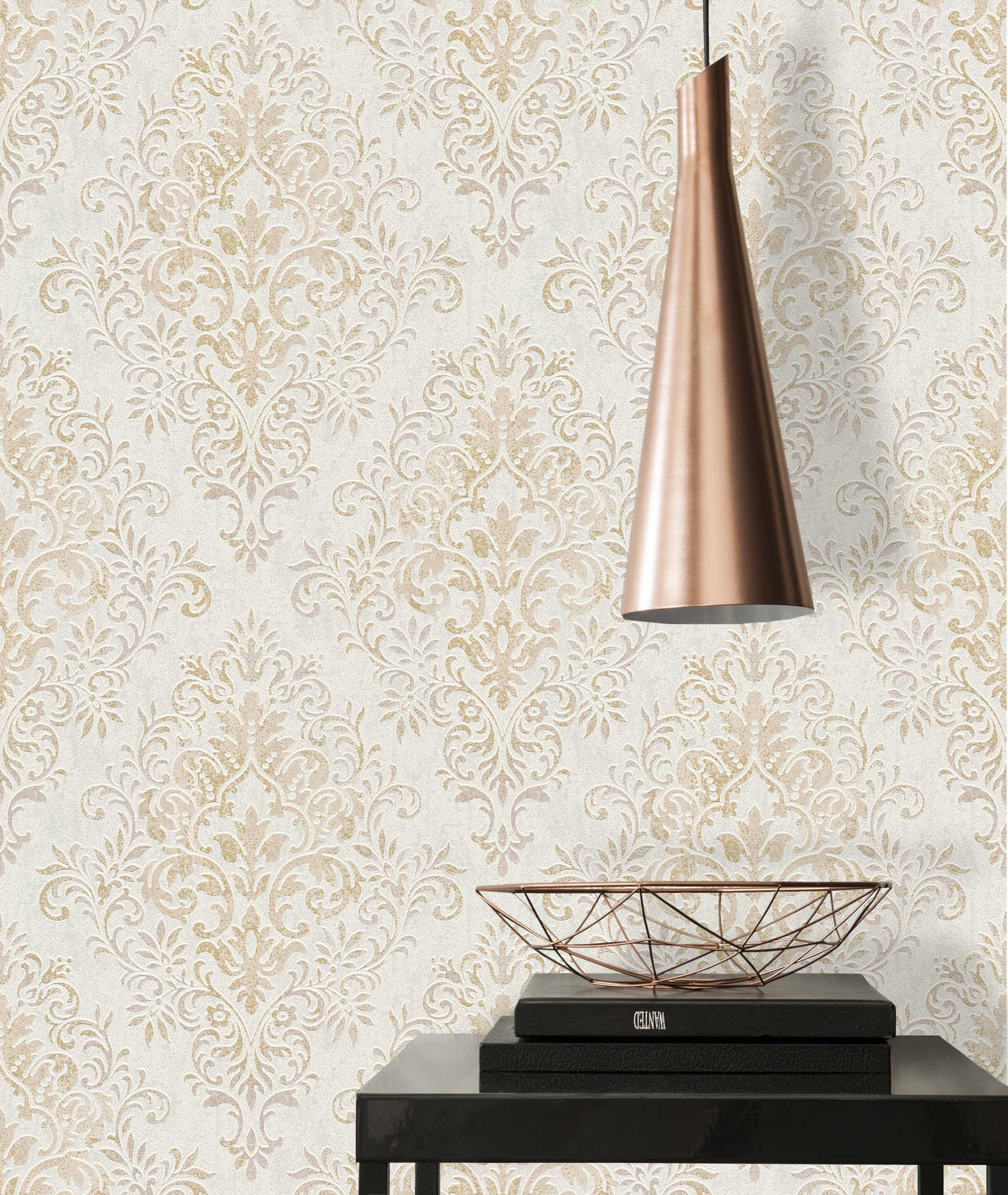             Non-woven wallpaper ornaments with gold accent & used look - beige, brown, metallic
        