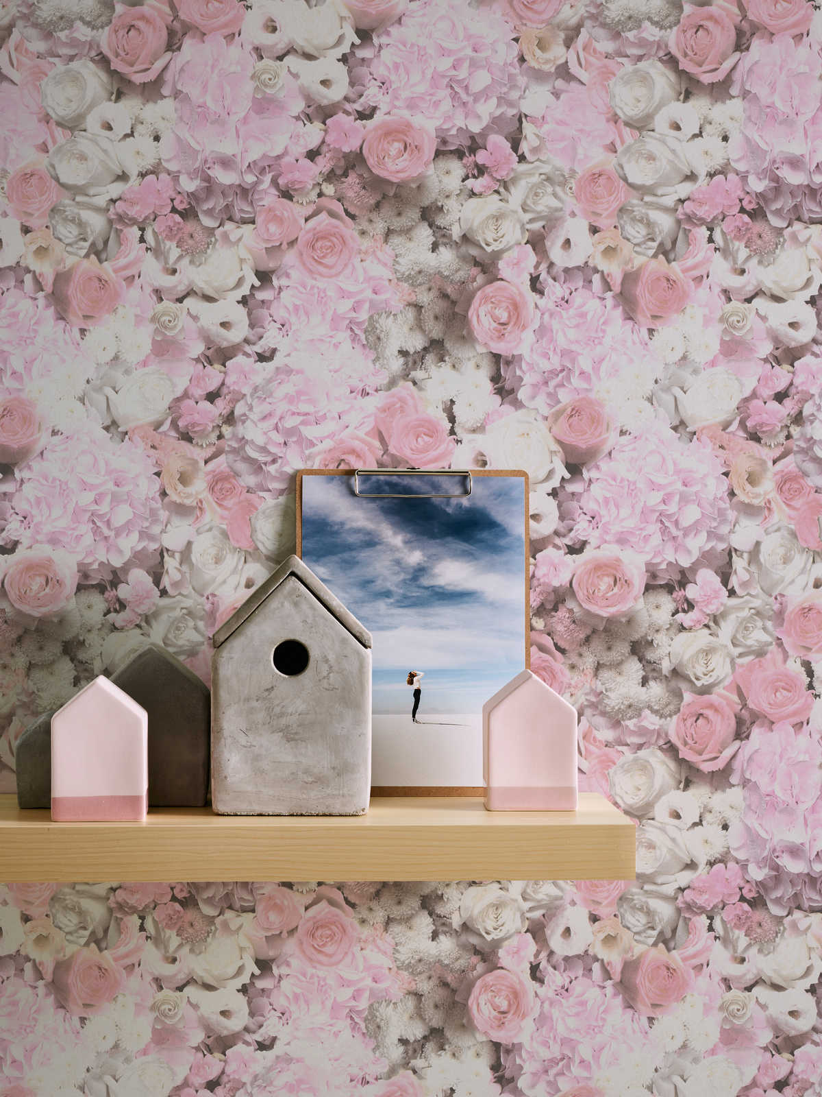             wallpaper roses & flowers pattern - pink, white
        