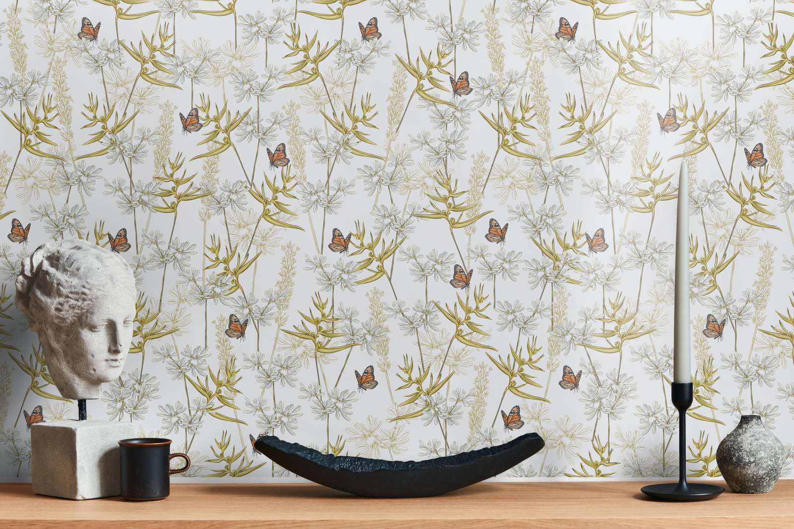             Floral style wallpaper with grasses & butterflies textured matt - white, yellow, grey
        