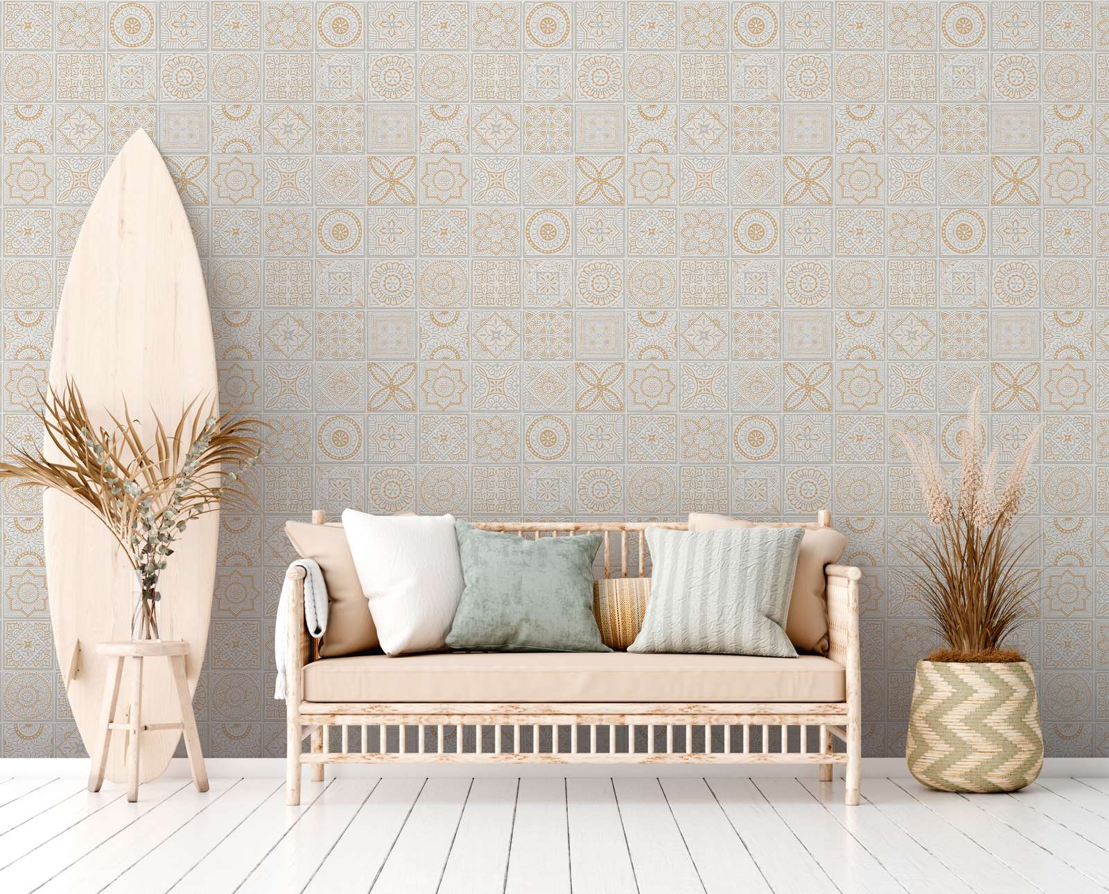             Tile look non-woven wallpaper with floral mosaics - gold, grey, white
        