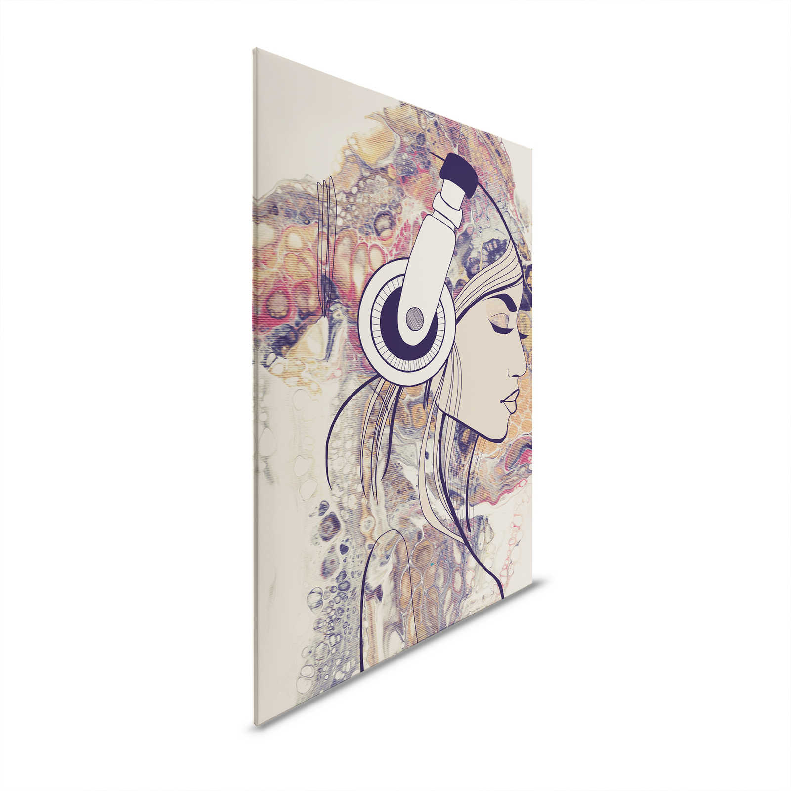 Pintura en lienzo Acrílico y Line Art Figura de mujer con auriculares - 1,20 m x 0,80 m
