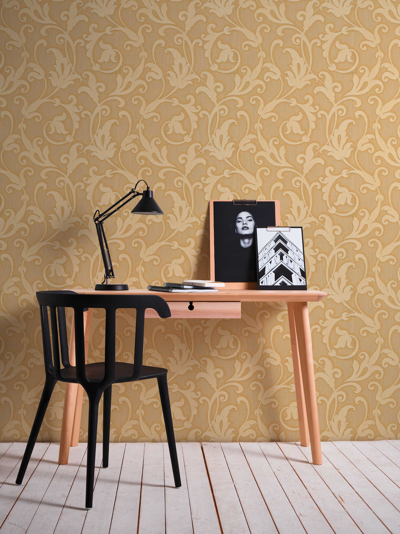             Ornament wallpaper with textile texture & embossed pattern - Yellow, Metallic
        