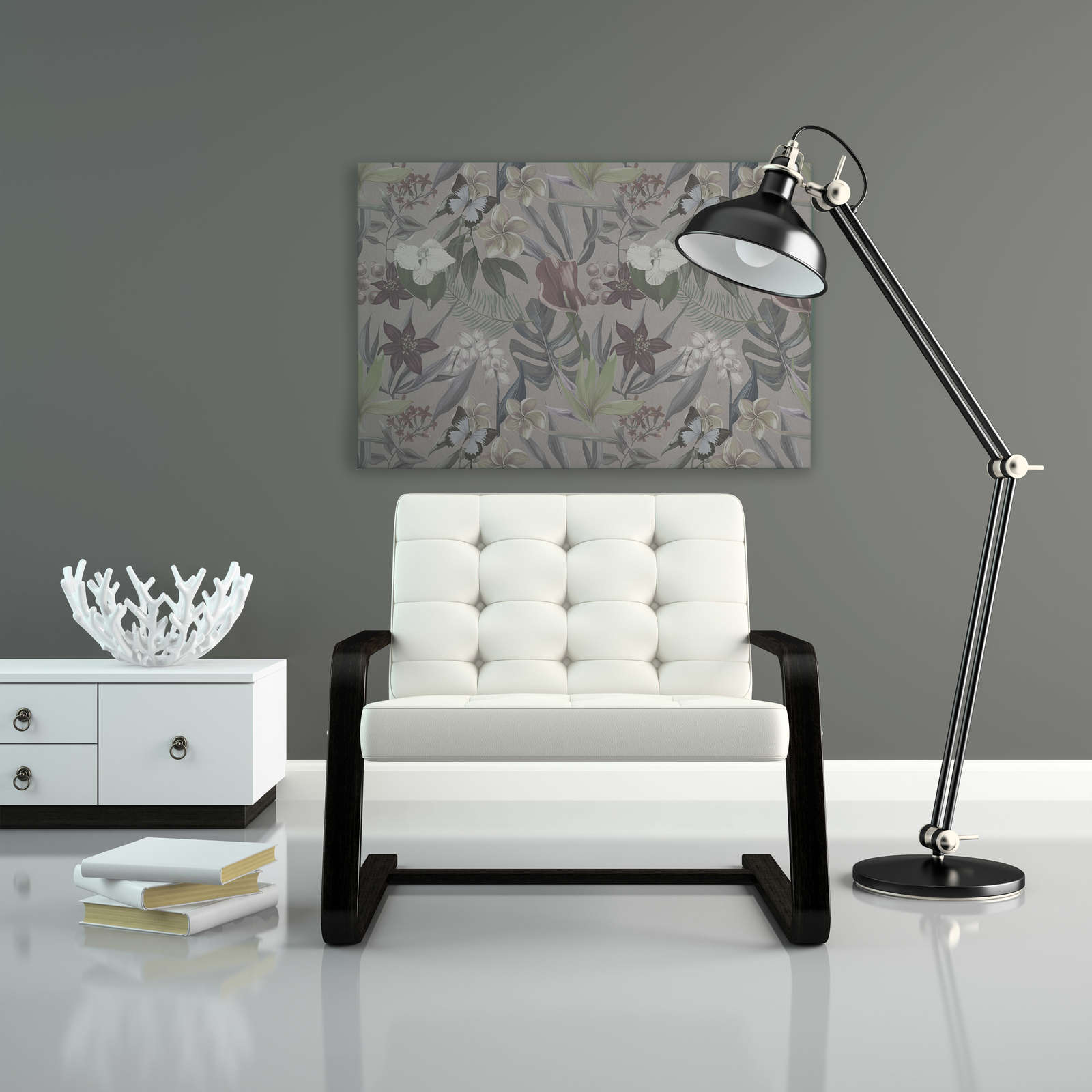             Lienzo Jungla Floral Pintura dibujada | gris, blanco - 0,90 m x 0,60 m
        