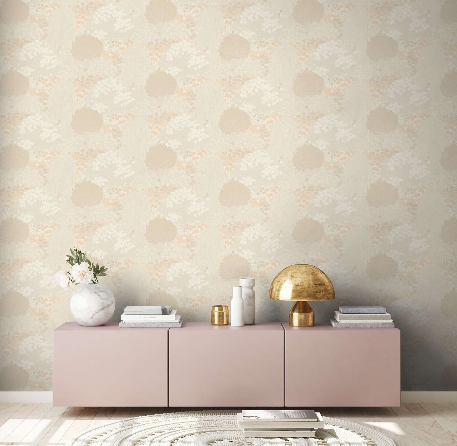             papier peint en papier floral avec feuilles légèrement structuré, mat - beige, crème, rose
        