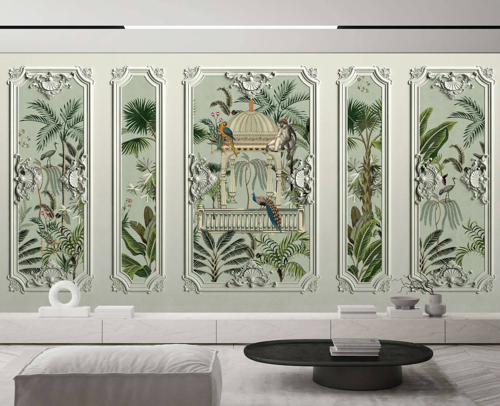             Photo wallpaper »darjeeling« - Stucco frame look with birds & palm trees with linen texture in the background - Smooth, slightly shiny premium non-woven fabric
        