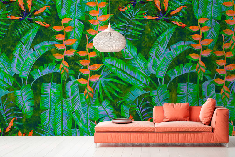             Tropicana 4 - Jungle wallpaper with bright colours - blotting paper structure - green, orange | pearl smooth fleece
        
