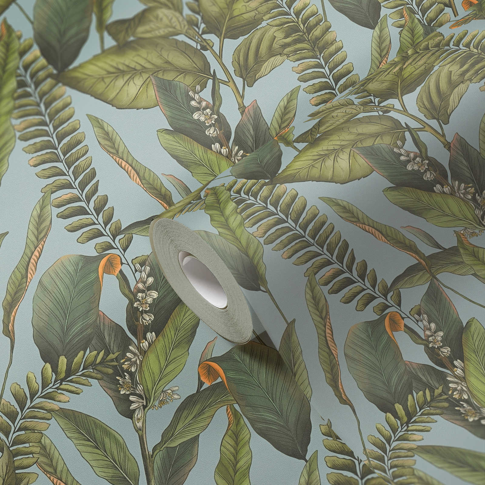             Floral wallpaper in jungle style with leaves & flowers textured matt - blue, green, orange
        