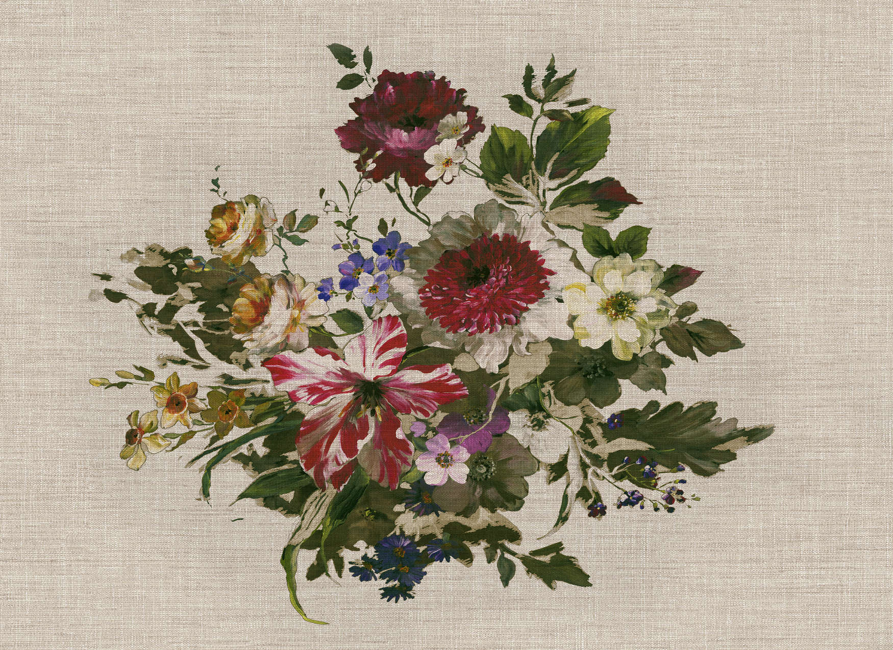             Papel pintado de estilo vintage con flores y aspecto de lino - Colorido, verde, beige
        