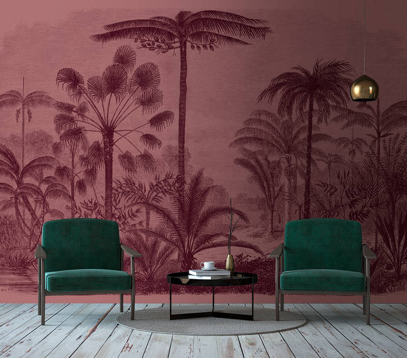             Jurassic 2 - Wallpaper in cardboard structure jungle motif copperplate red - Pink, Red | Structure non-woven
        