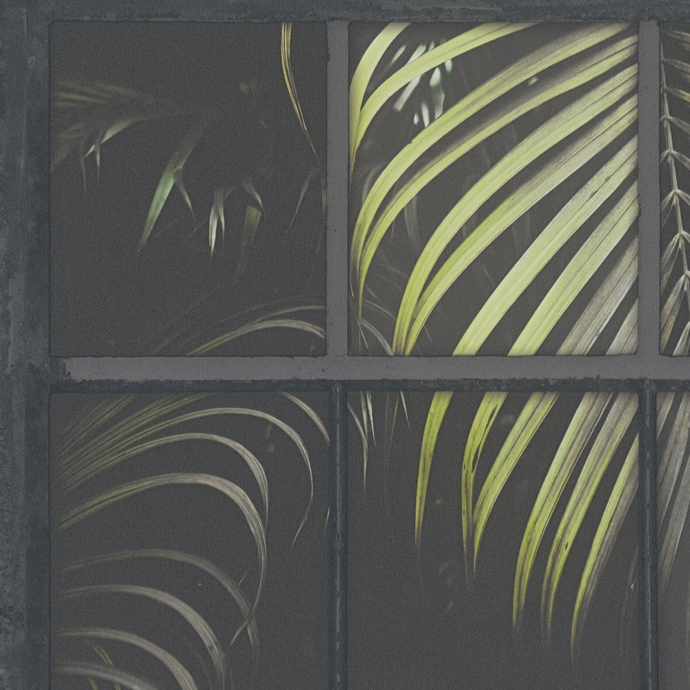             Behang Venster Jungle View, 3D Effect - Grijs, Groen, Zwart
        