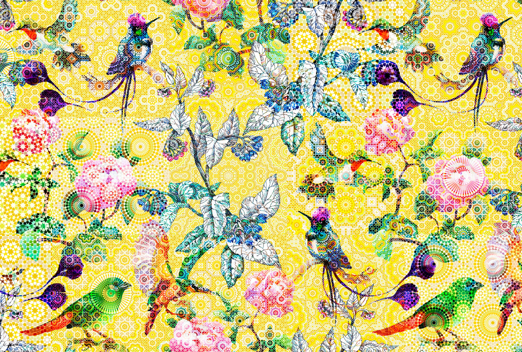             Muurschildering exotische bloemen mozaïek - Geel, Groen
        