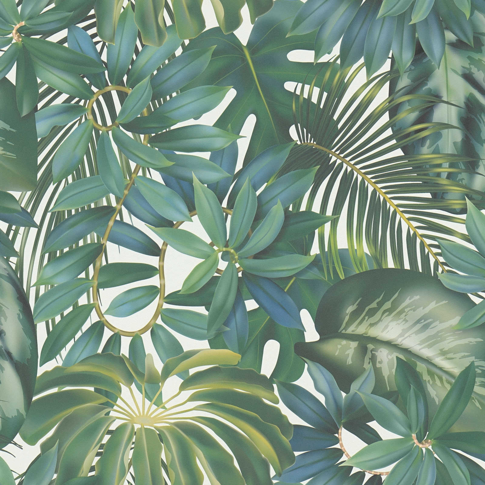 Papel pintado Hojas de la selva - verde, crema
