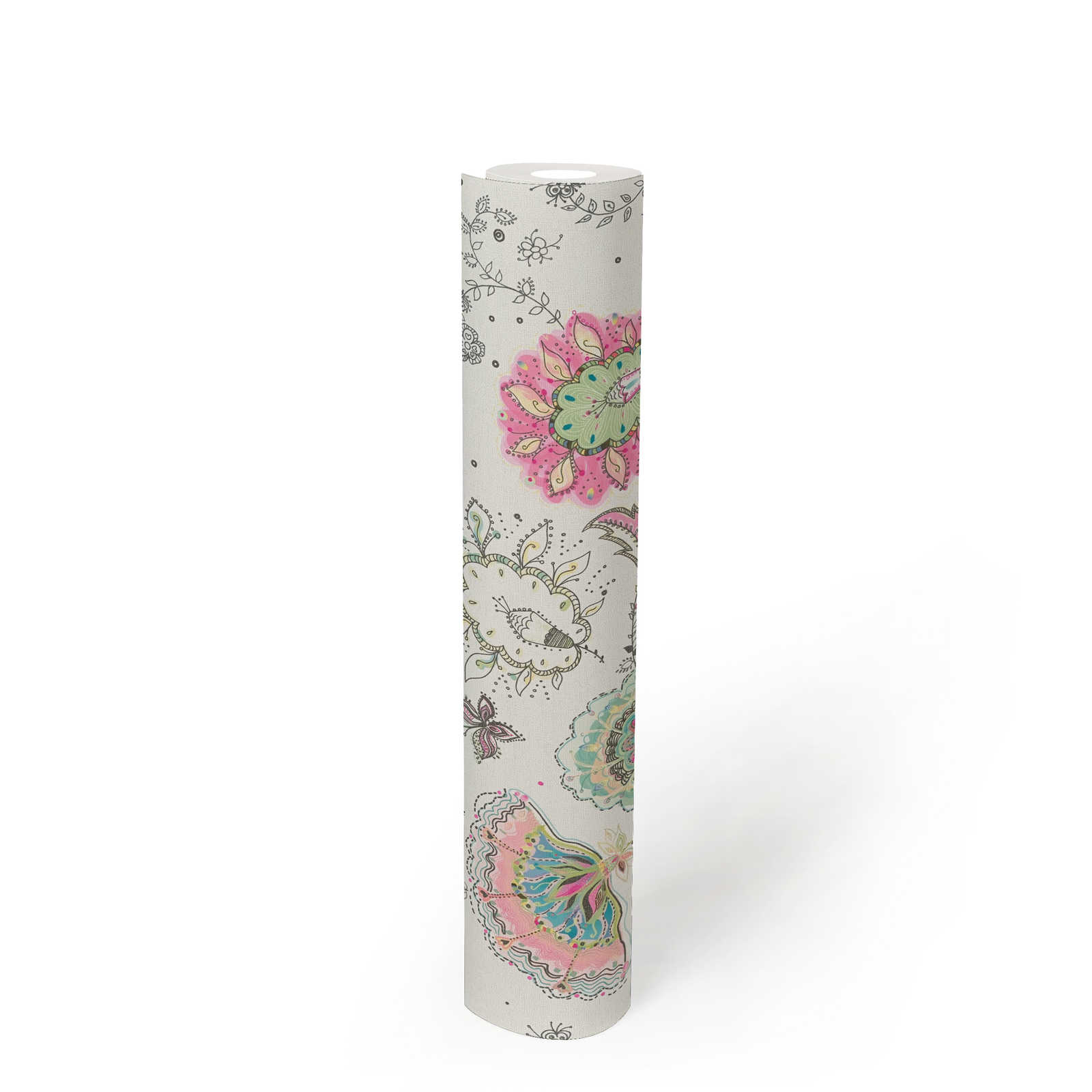             Floral pattern wallpaper in bold colours - cream, green, pink
        