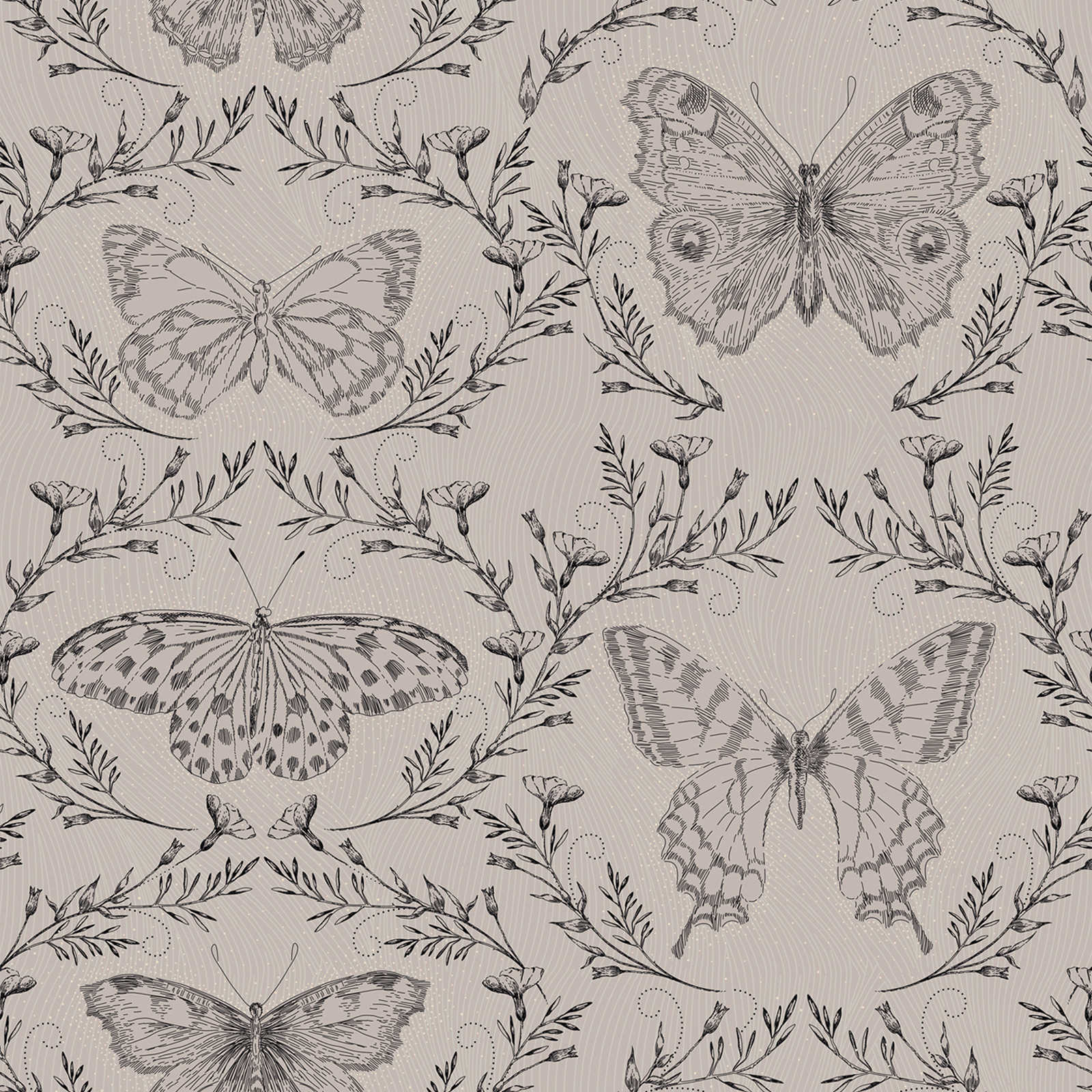Butterfly wallpaper with vines in a dark design - grey, greige, black
