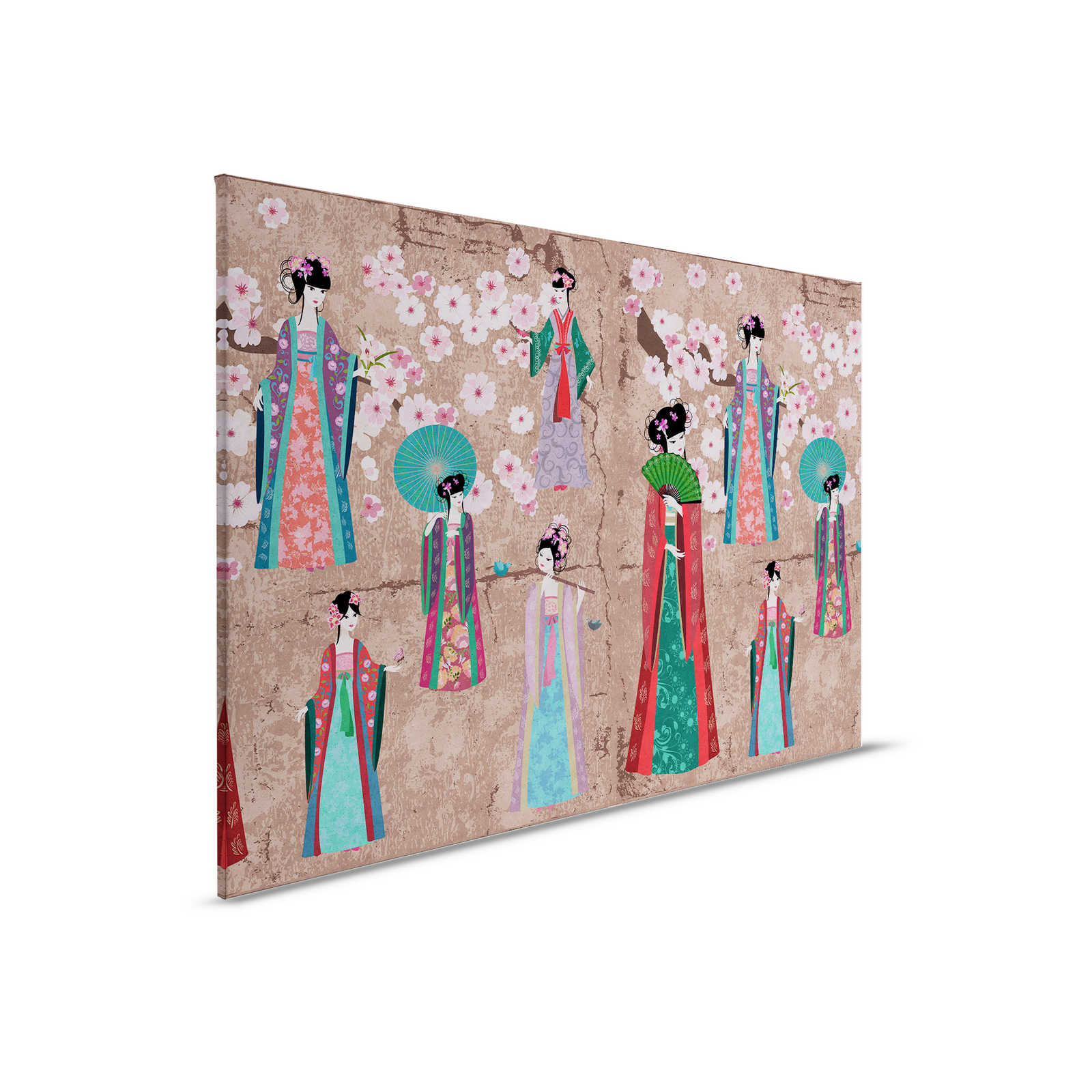Canvas painting Japan Comic with cherry blossoms | beige, blue - 0,90 m x 0,60 m
