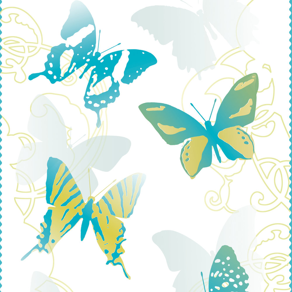             Papel pintado de mariposas para la habitación de los niños - azul, amarillo, blanco
        
