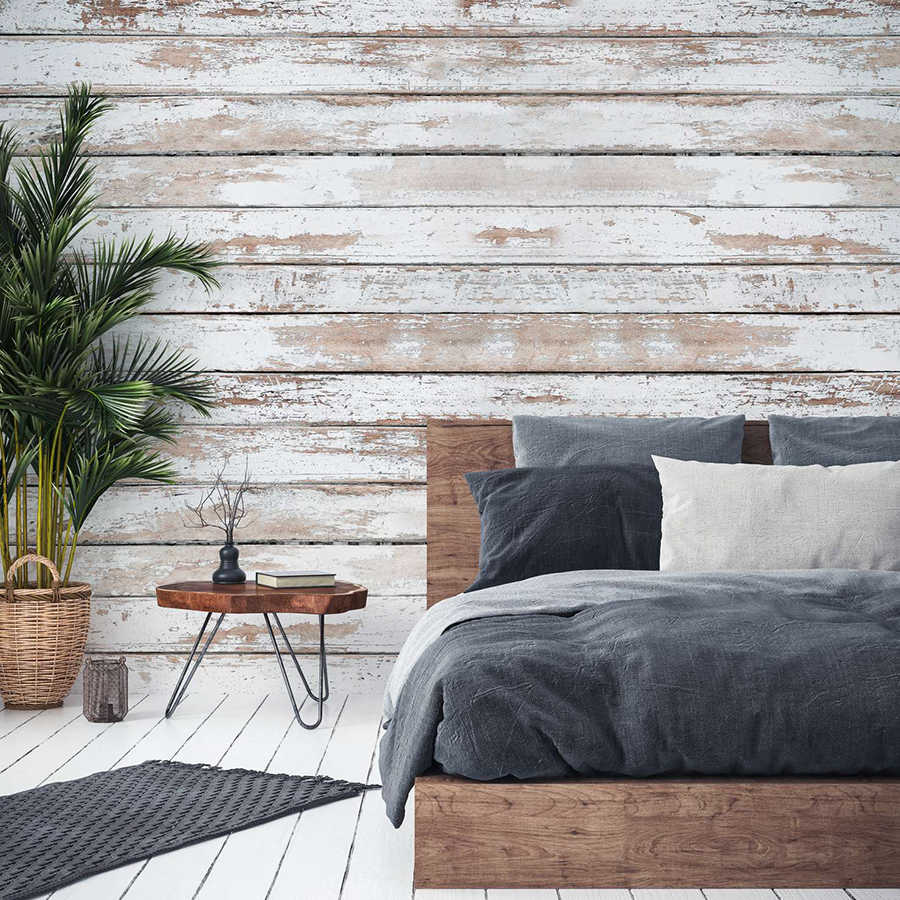 Papier peint mur en bois avec planches horizontales nature - blanc, beige
